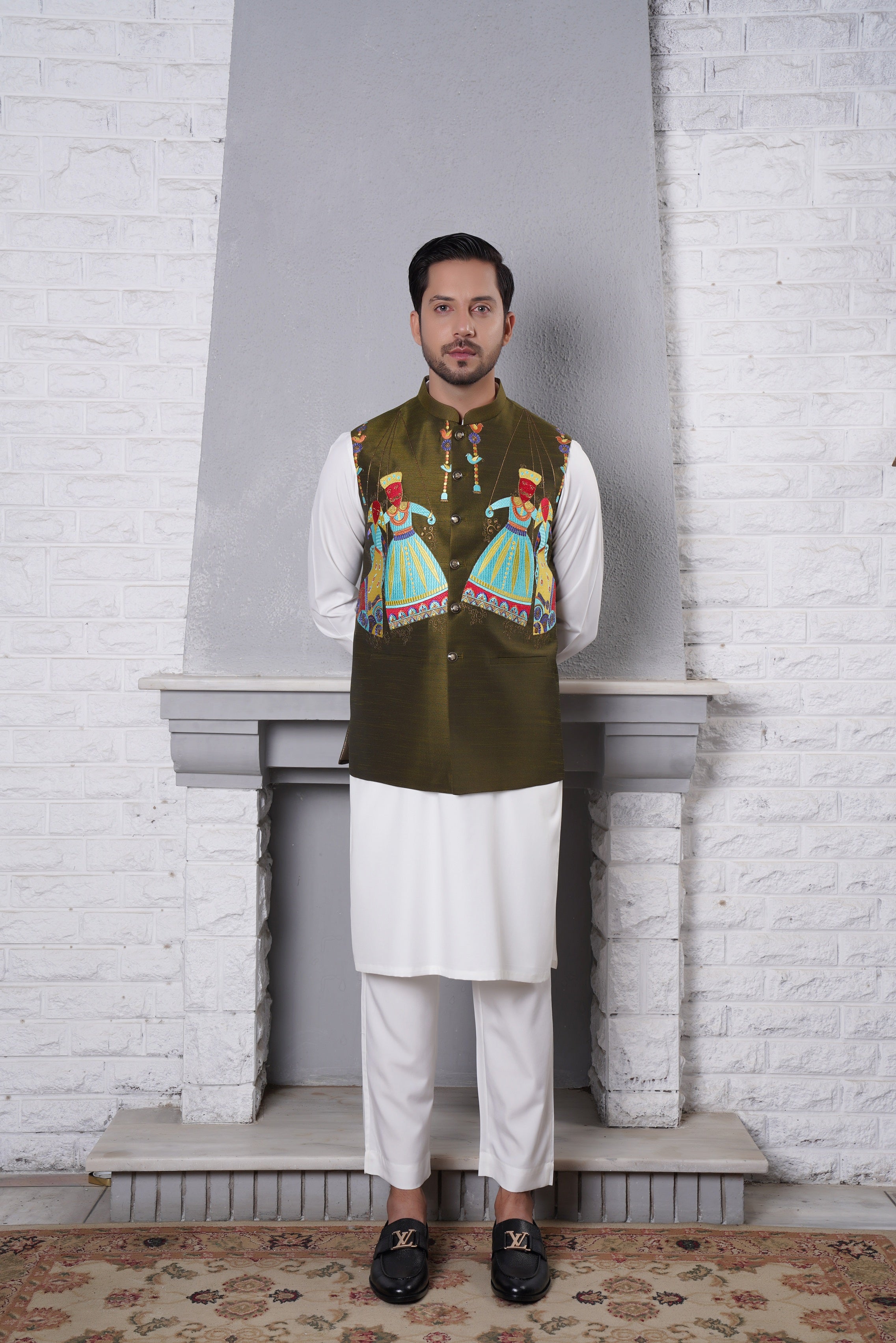 Waistcoat Mehandi Emb Design shahzad tabassam clothing