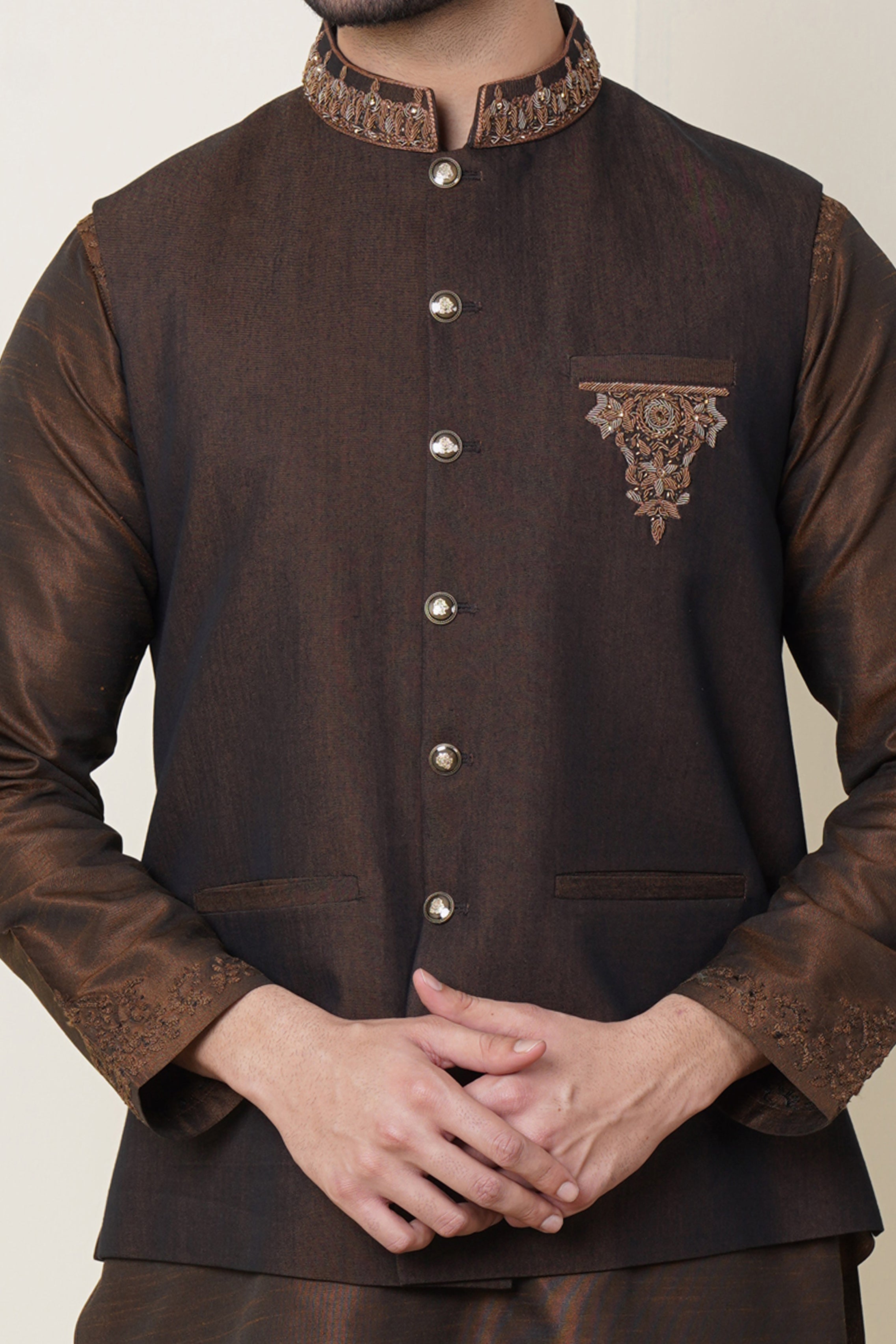Blackish Brown Handmade Embroidred Waistcoat