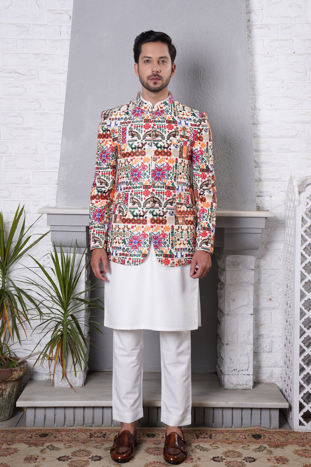 Prince Coat White With Bird Design