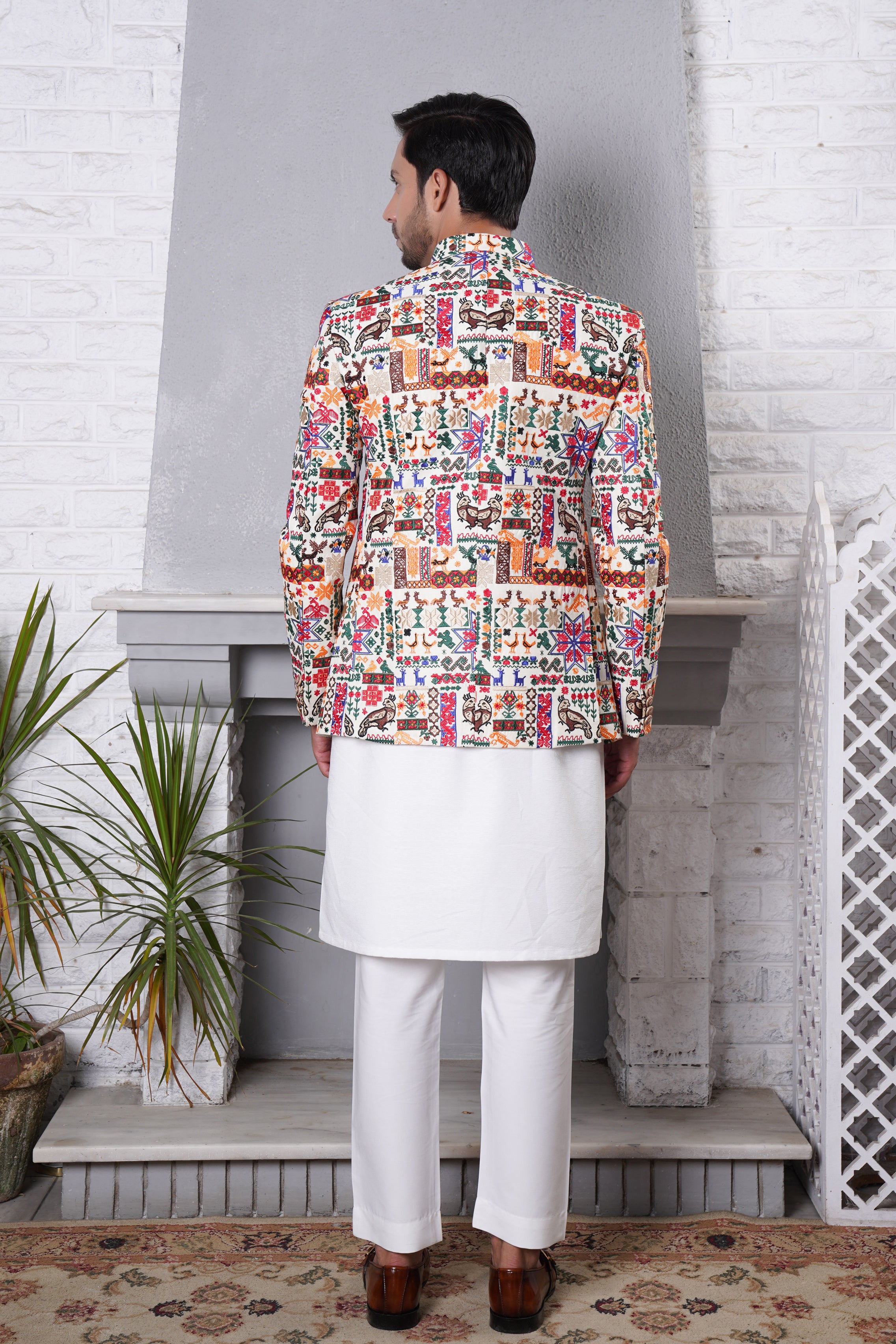 Prince Coat White With Bird Design