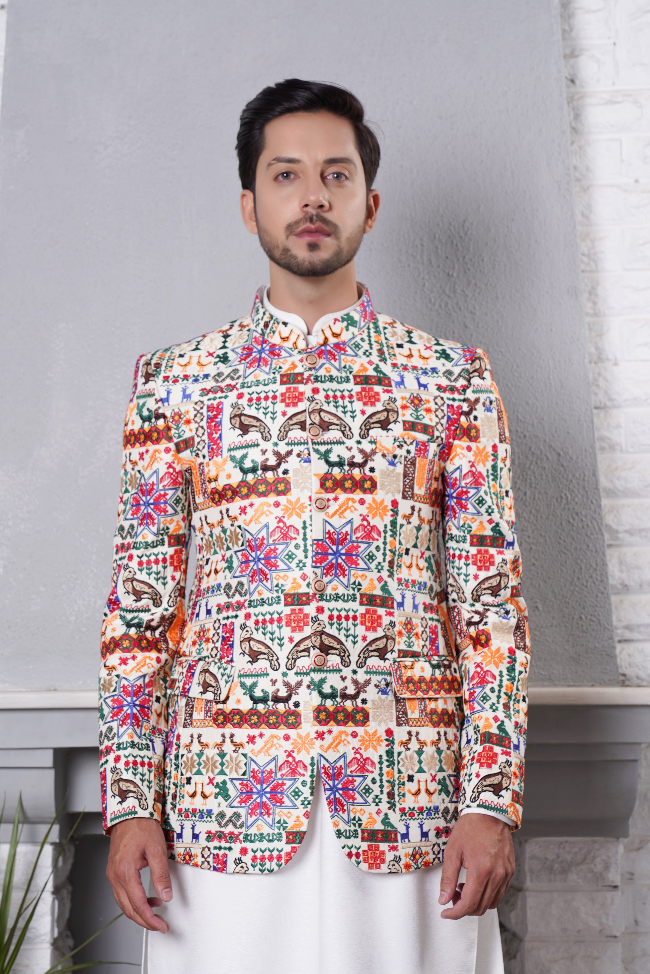 Prince Coat White With Bird Design