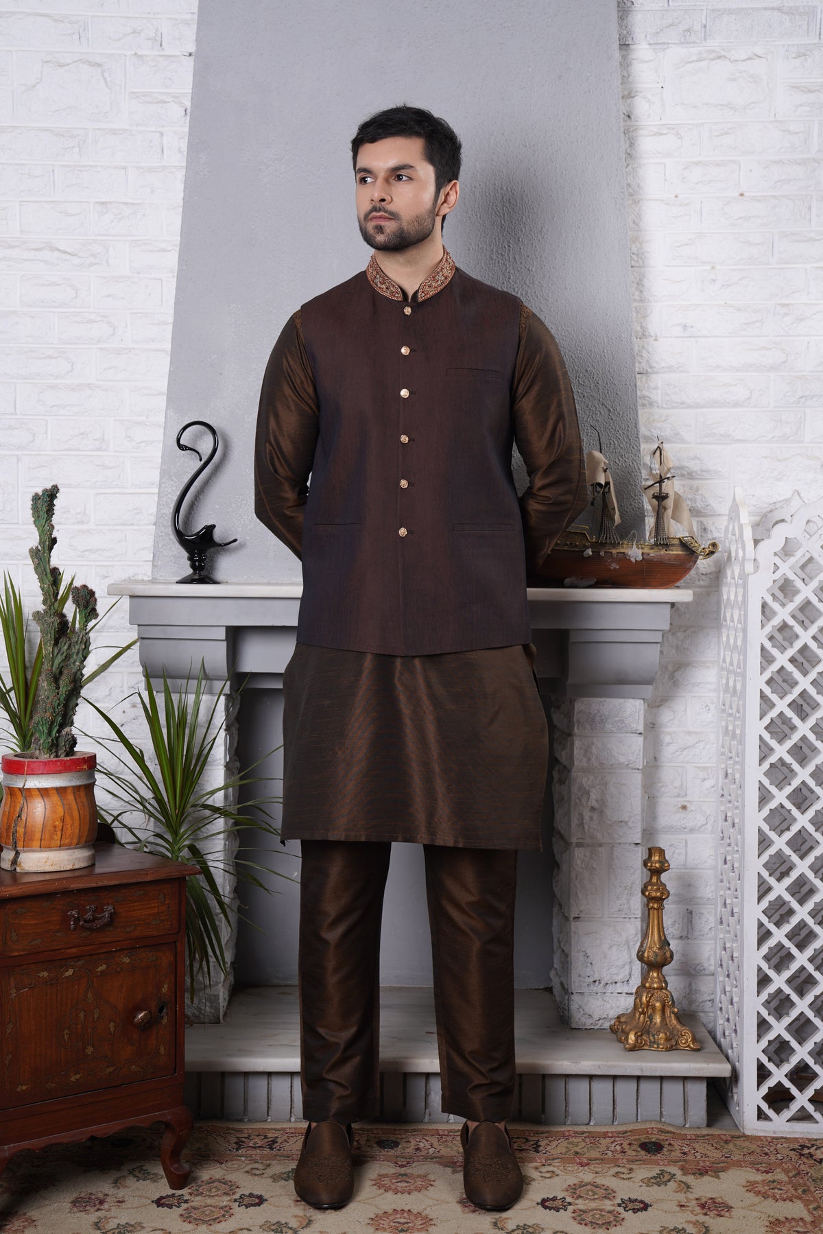 Blackish Brown Ban Embroidred Waistcoat