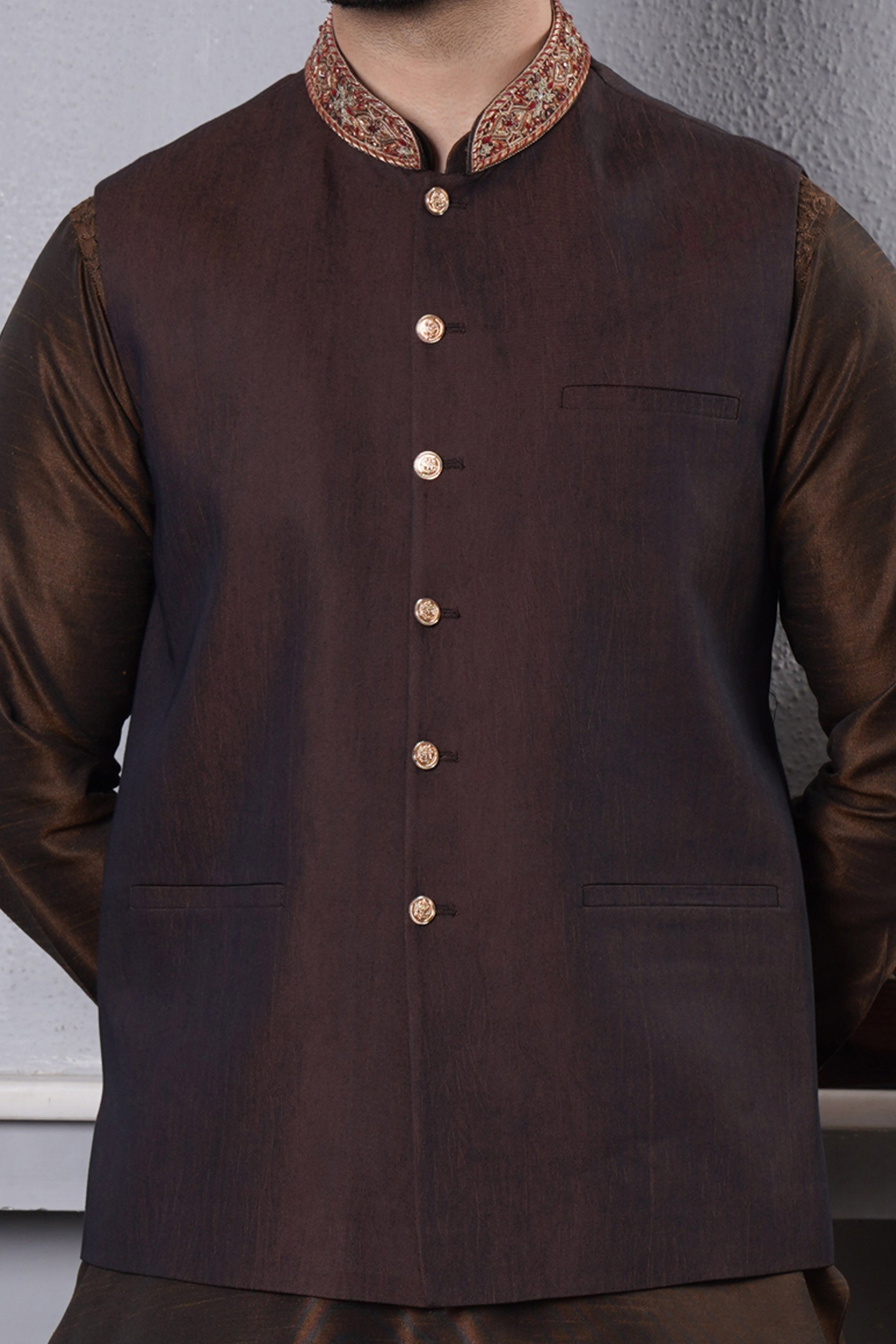 Blackish Brown Ban Embroidred Waistcoat