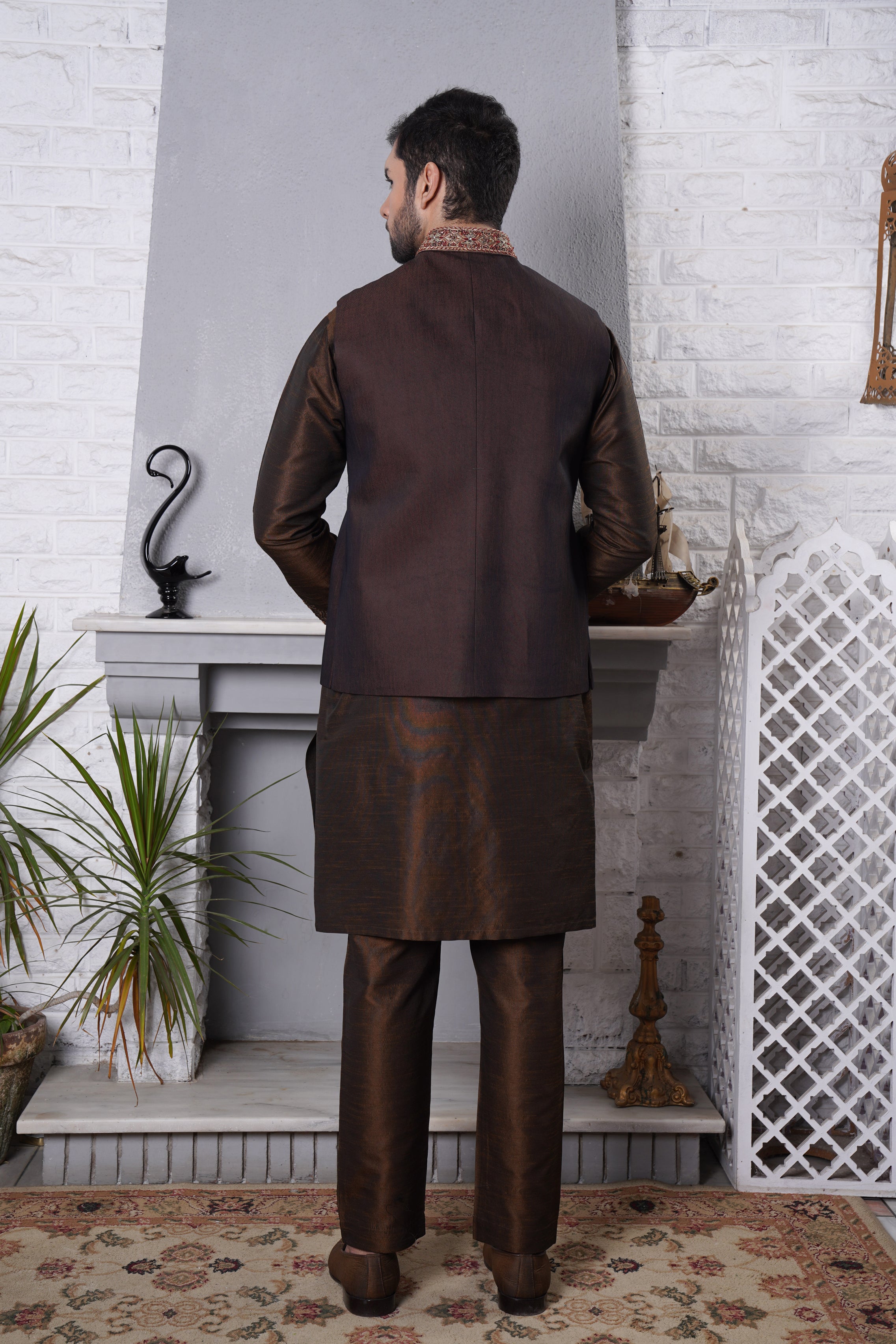 Blackish Brown Ban Embroidred Waistcoat