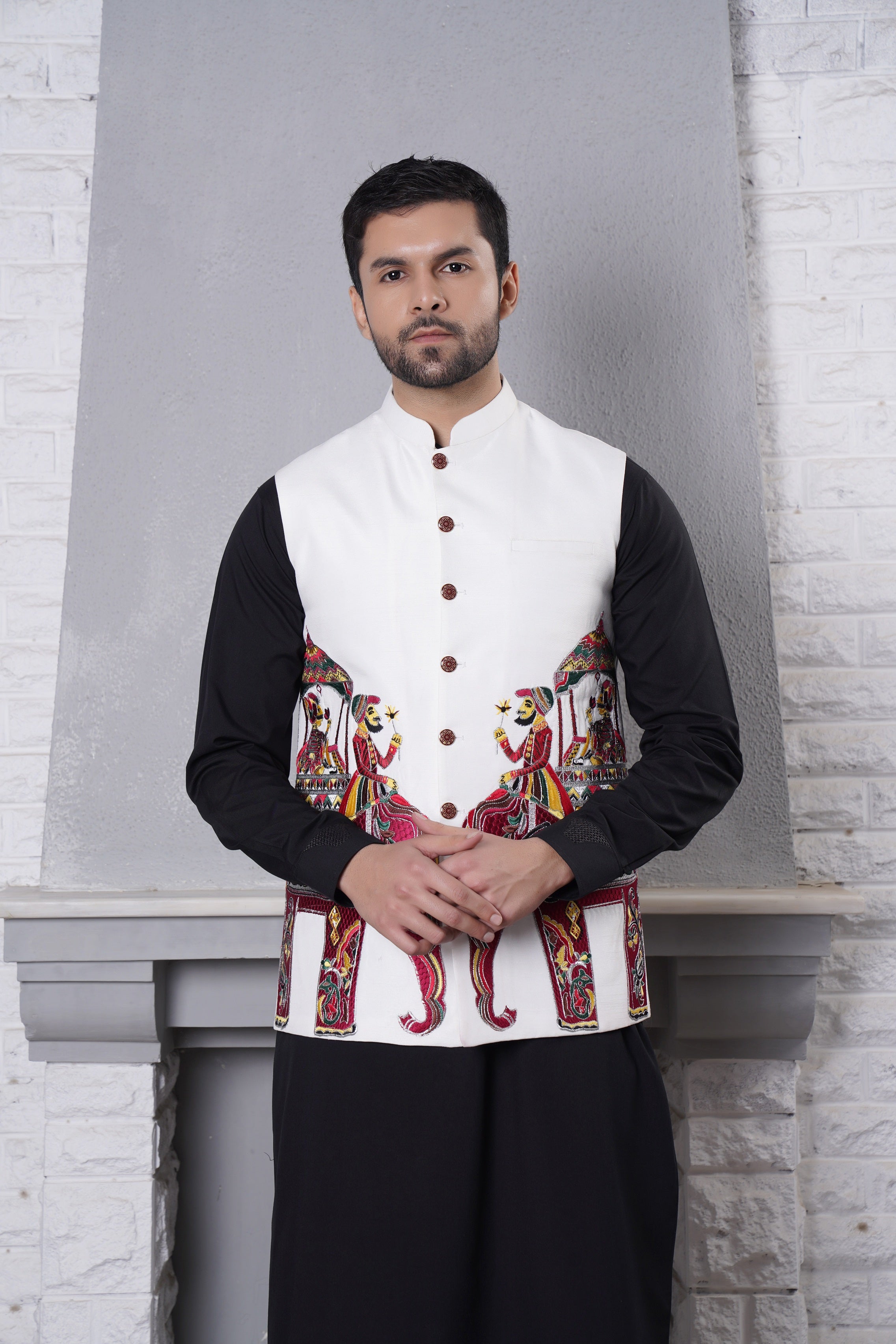 Waistcoat White Elephant Design Embroidery
