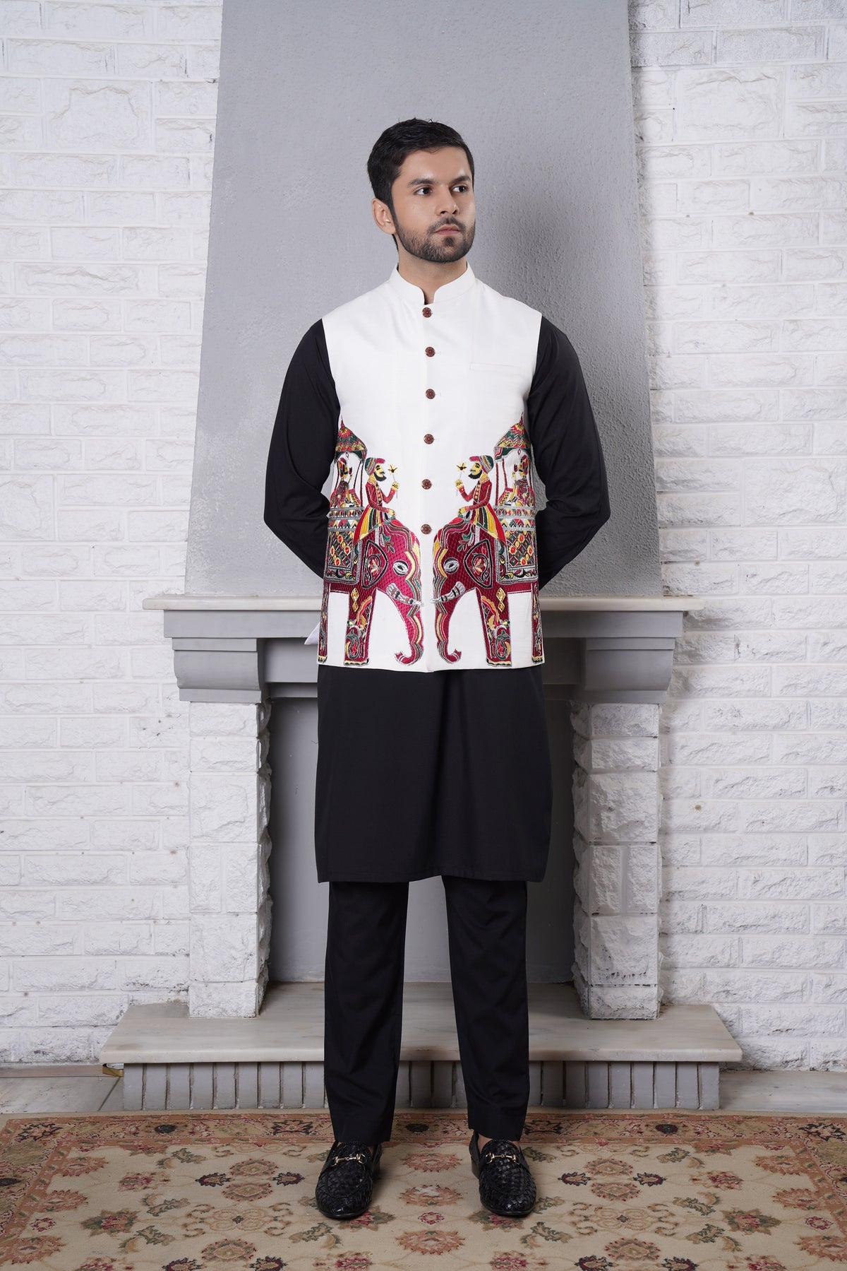 Waistcoat White Elephant Design Embroidery