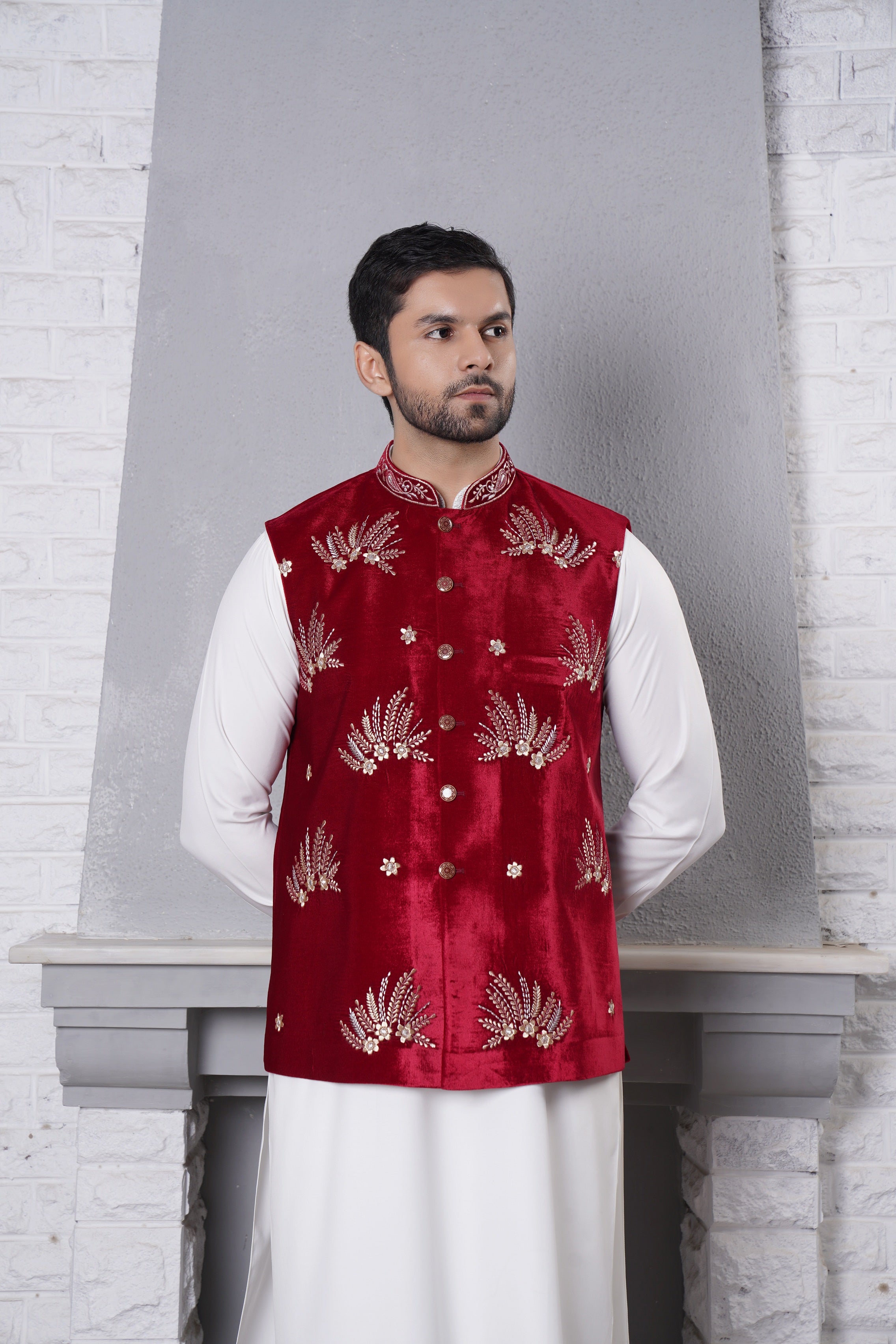 Waistcoat Red Velvet With Anchor Embroidery