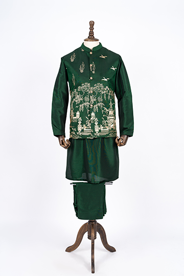 Green Shalwar Kameez with Matching Waist Coat and Shoes