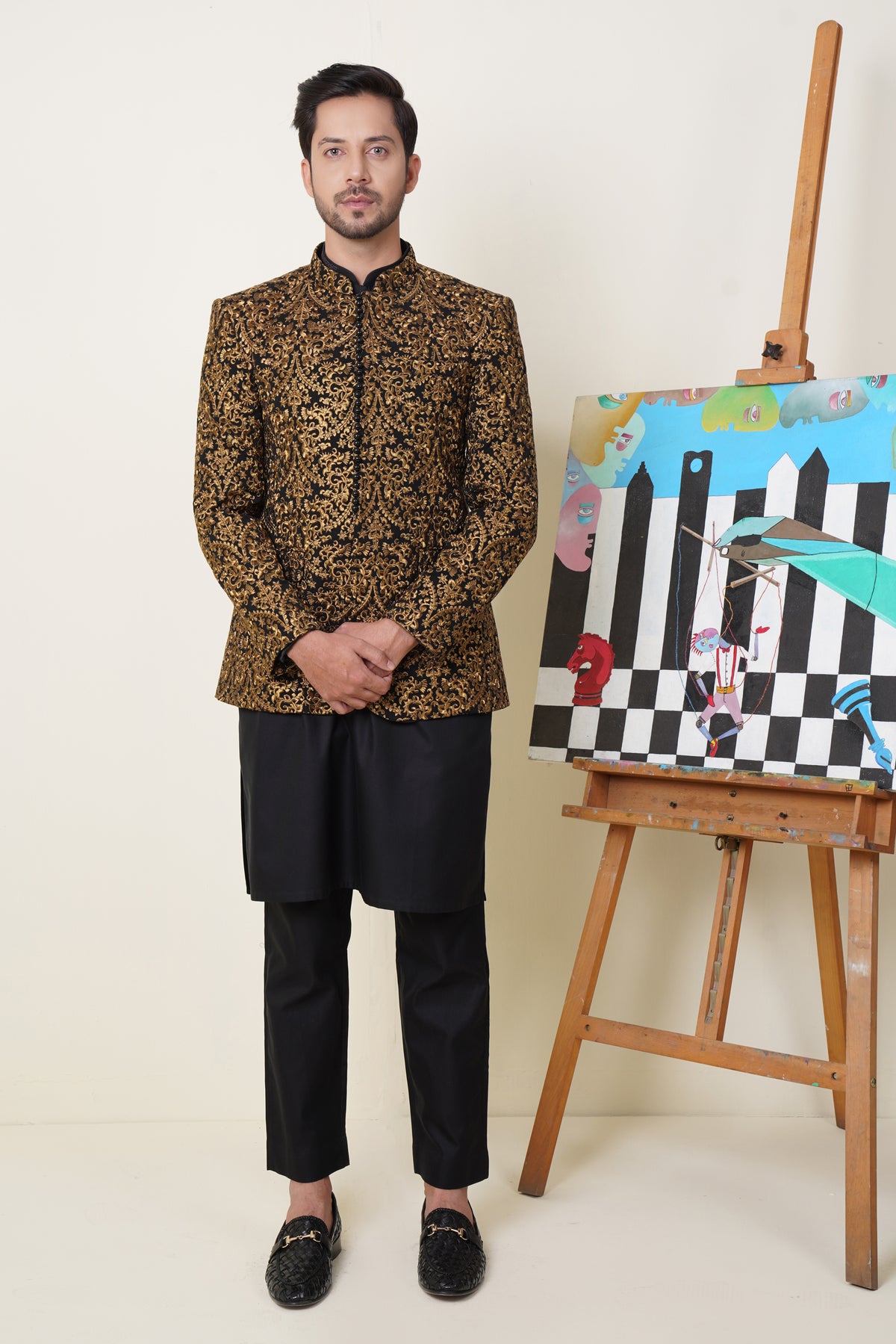 Prince Coat Black With Golden Embroidery