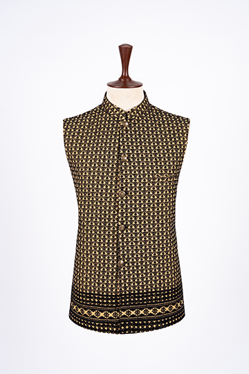Black Waist Coat with Beige Thread Work