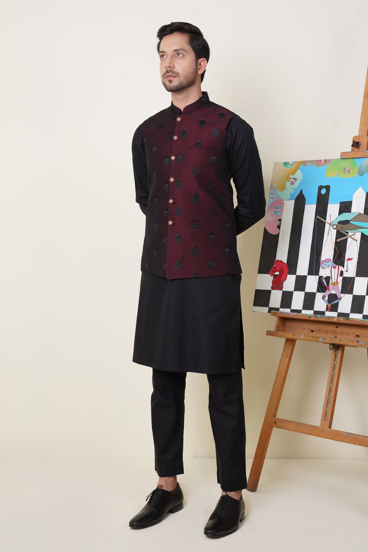 Blackish Maroon Waistcoat With Thread Embroidery