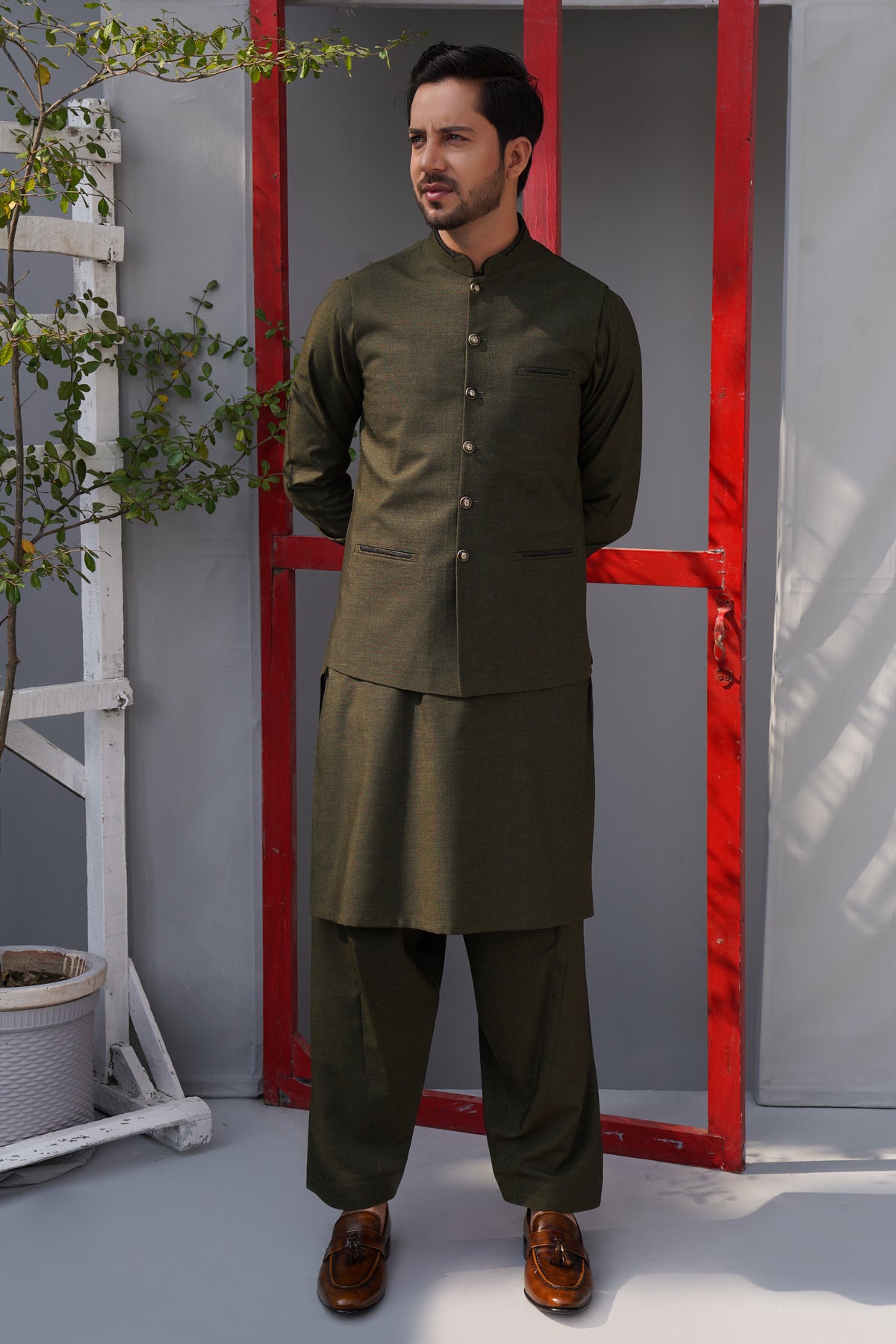 3 PCS Qameez Shalwar Olive Green