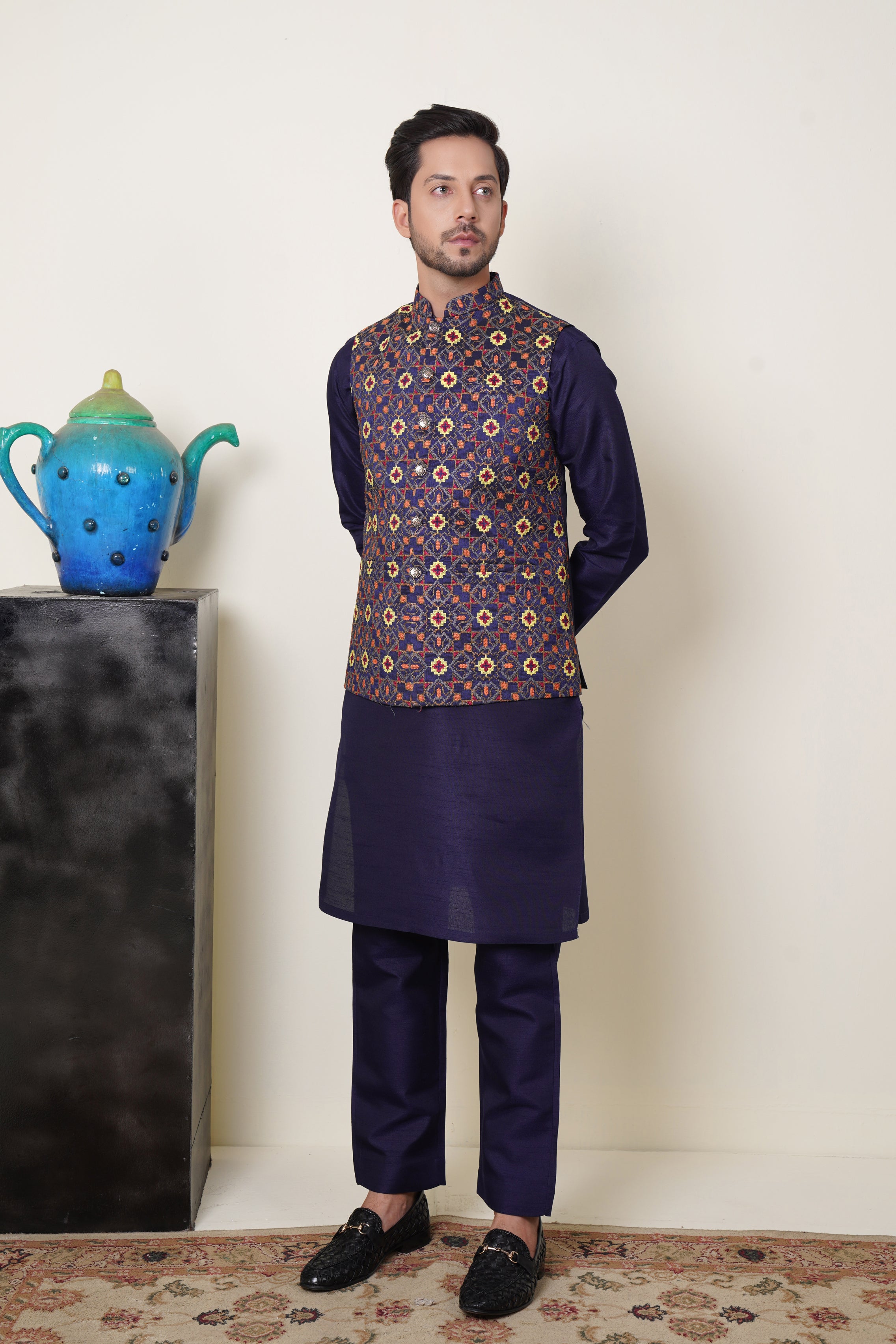 Waistcoat Blue With Multiple Color Full Embroidery