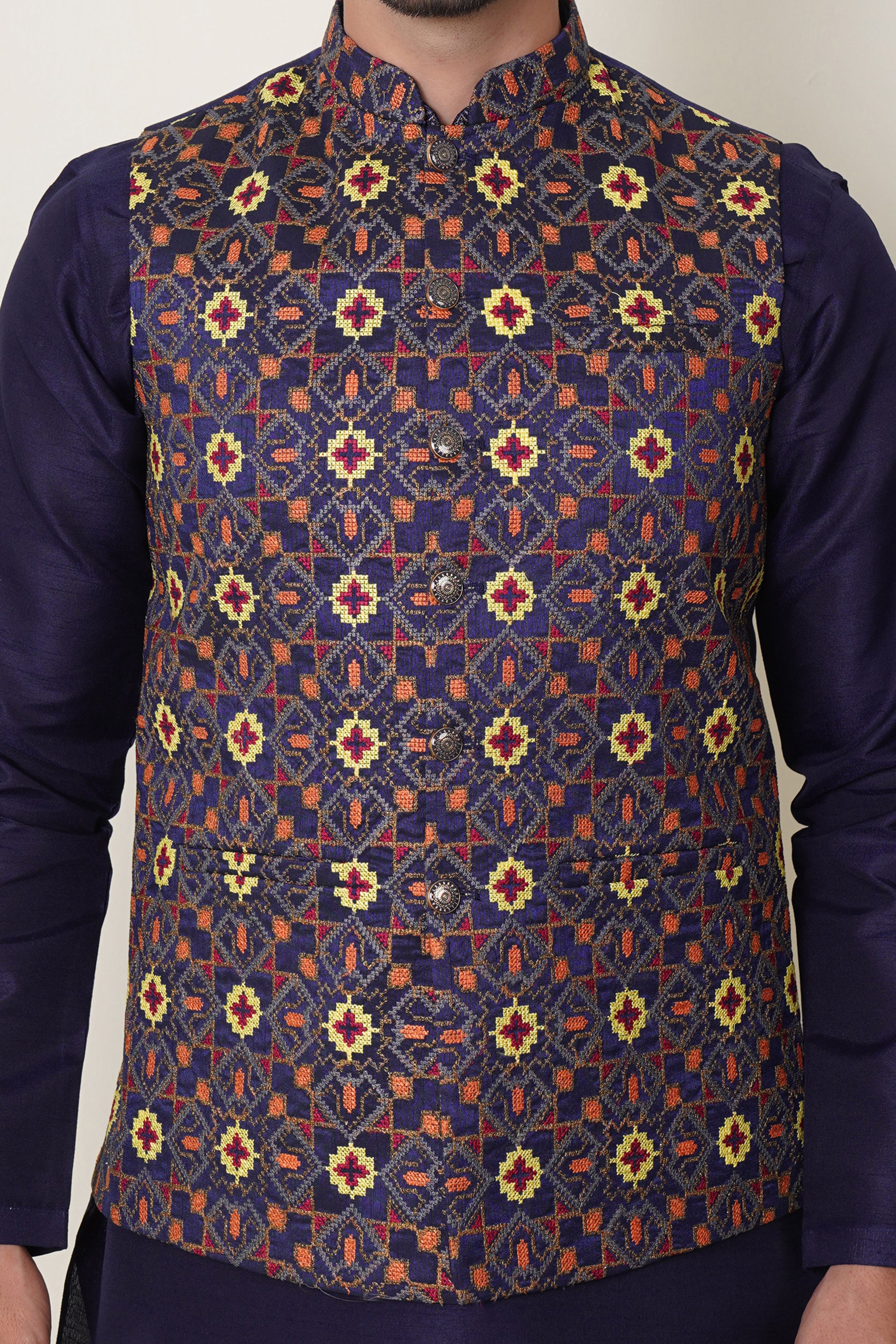 Waistcoat Blue With Multiple Color Full Embroidery