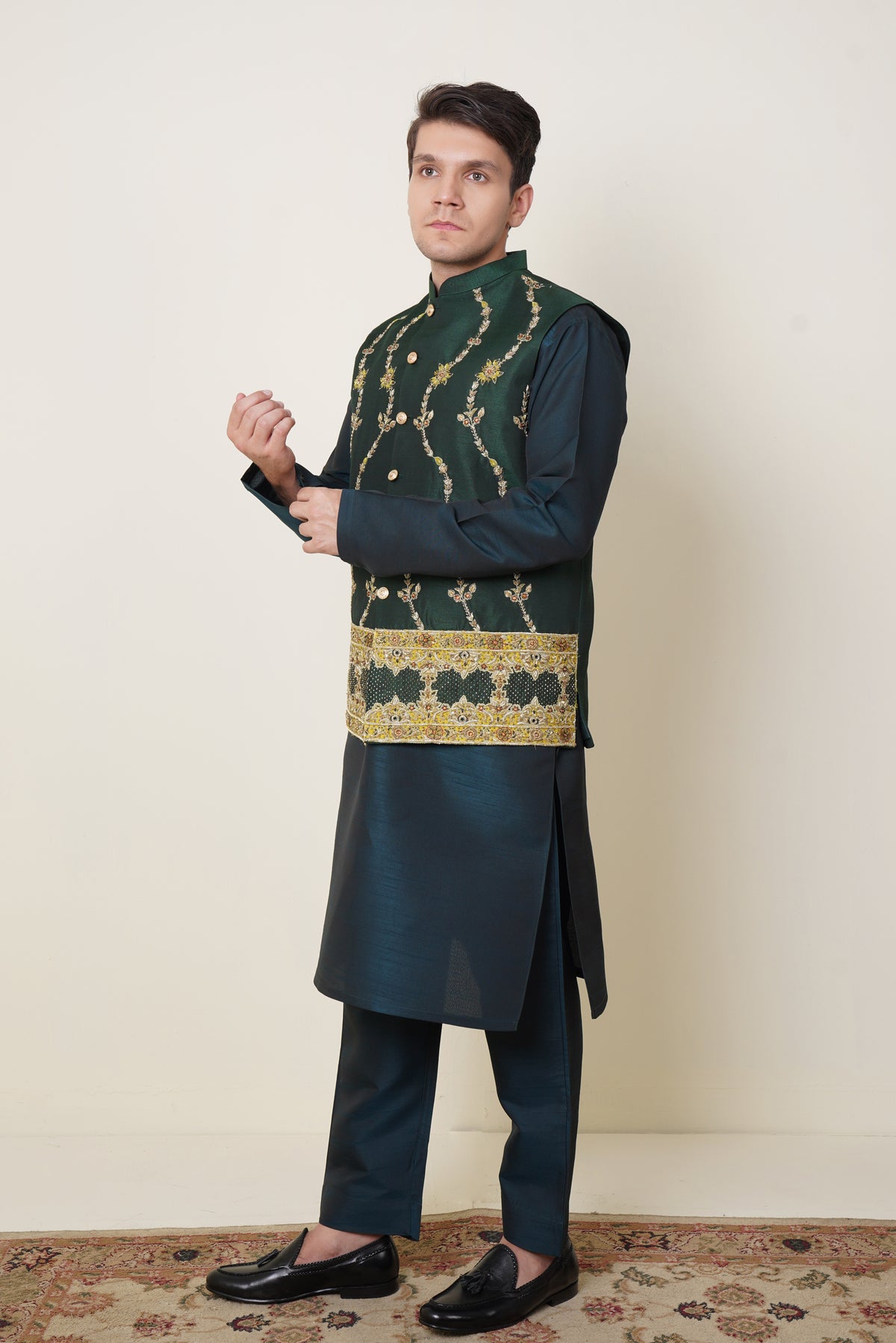 Green Waistcoat with Handmade Embroidery