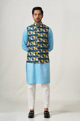 Blue and Yellow Print Waistcoat
