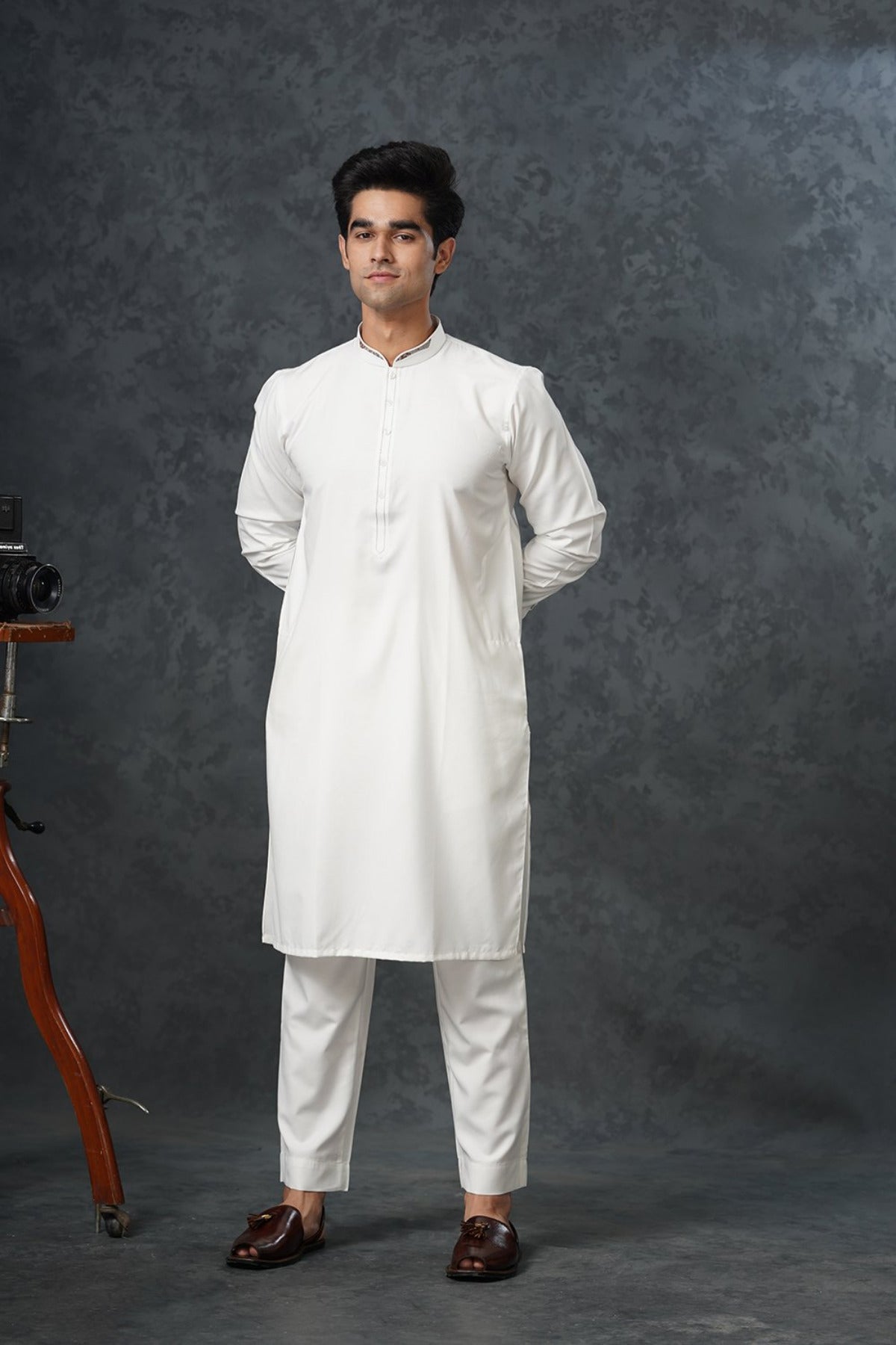 White Kameez Trouser with Grey Design